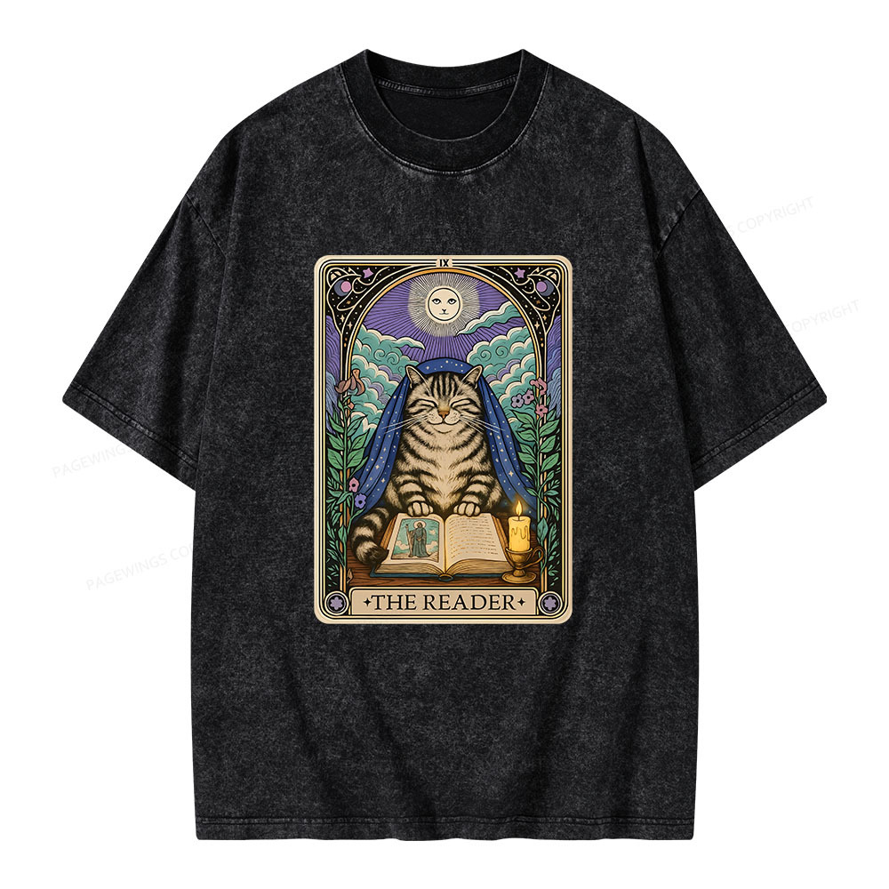 Pagewings The Reader Cat Tarot CardsUnisex Washed T-shirt