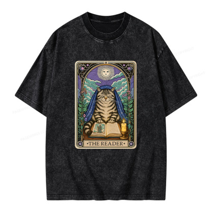 Pagewings The Reader Cat Tarot CardsUnisex Washed T-shirt