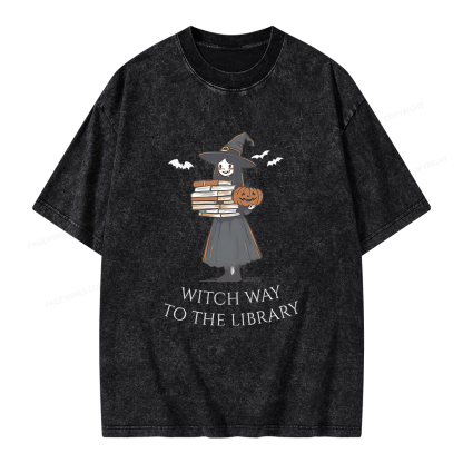 Pagewings Witch Way To The Library Halloween Unisex Washed T-shirt