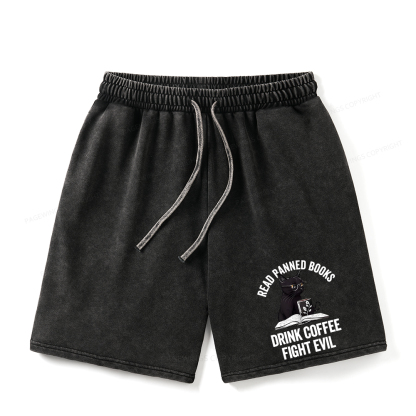 Pagewings Read Books Drink Coffee Fight Evil Unisex Washed Shorts