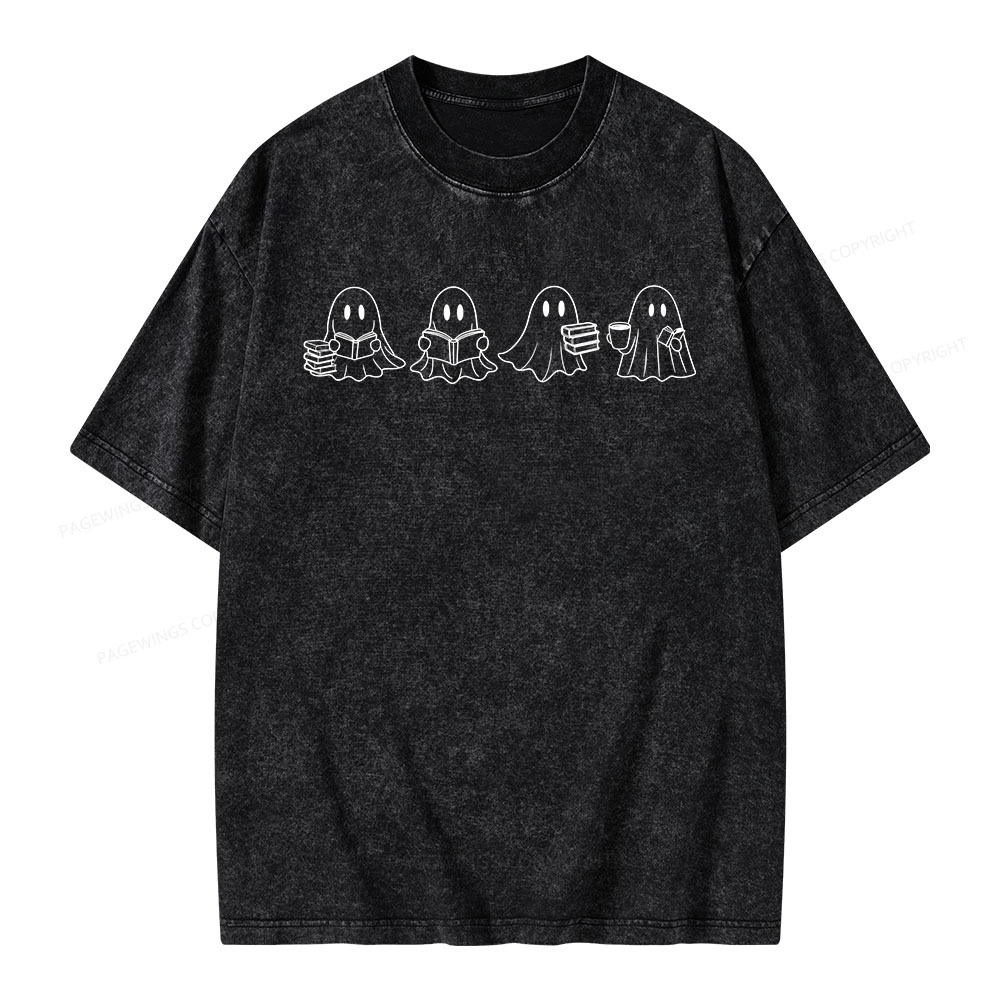 Pagewings Halloween Cute Ghost Reading Books Unisex Washed T-shirt