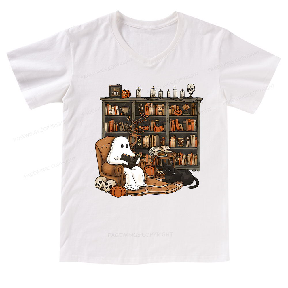Pagewings Halloween Ghost Reading Books V-neck T-shirt