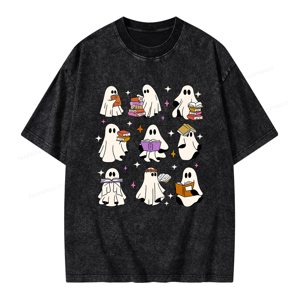 Pagewings Ghost Reading Books Unisex Washed T-shirt