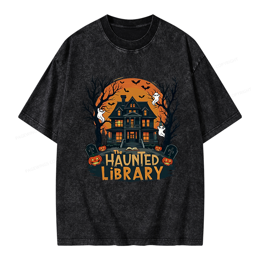 Pagewings Haunted Library Halloween Unisex Washed T-shirt