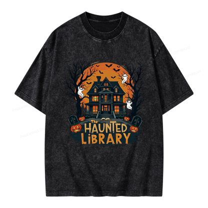 Pagewings Haunted Library Halloween Unisex Washed T-shirt