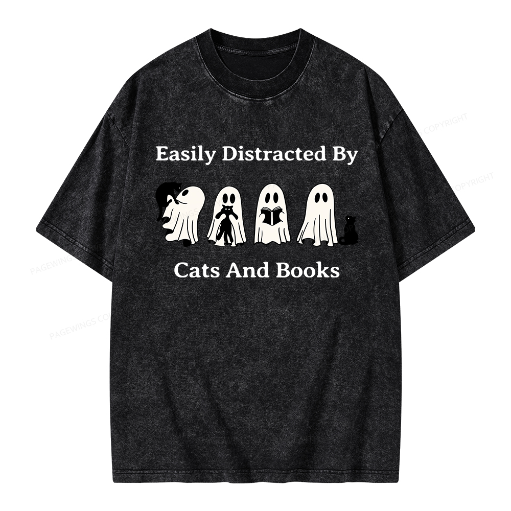 Pagewings Easily Distracted By Cats And Books Unisex Washed T-shirt