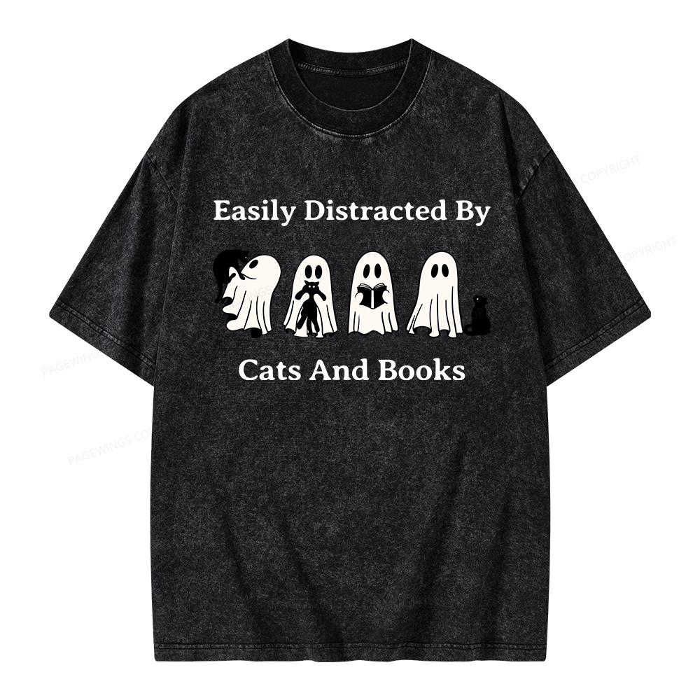 Pagewings Easily Distracted By Cats And Books Unisex Washed T-shirt