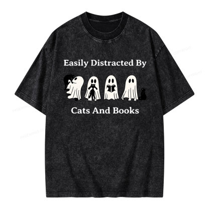 Pagewings Easily Distracted By Cats And Books Unisex Washed T-shirt