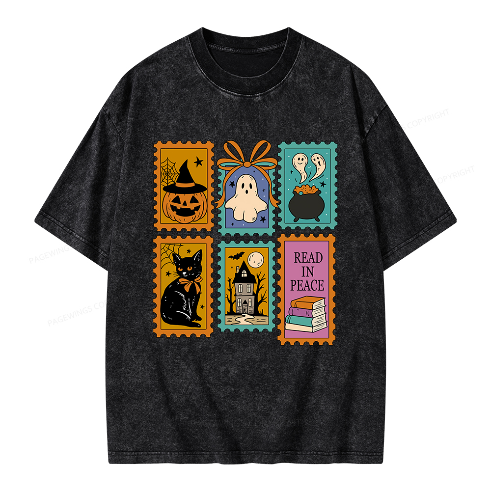 Pagewings Halloween Cute Ghost Pumpkin Cat Unisex Washed T-shirt