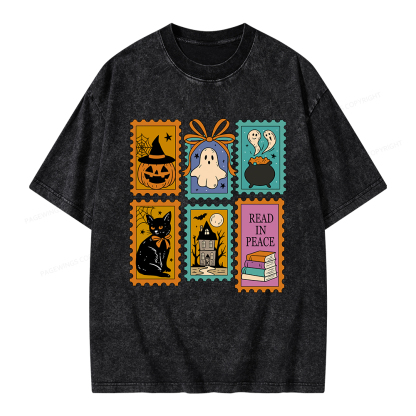 Pagewings Halloween Cute Ghost Pumpkin Cat Unisex Washed T-shirt