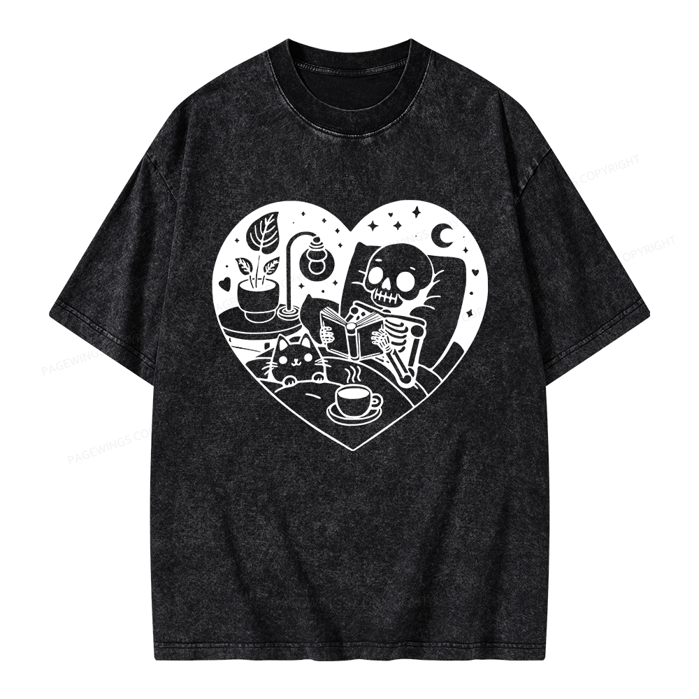 Pagewings Reading Skeleton and Cat Unisex Washed T-shirt