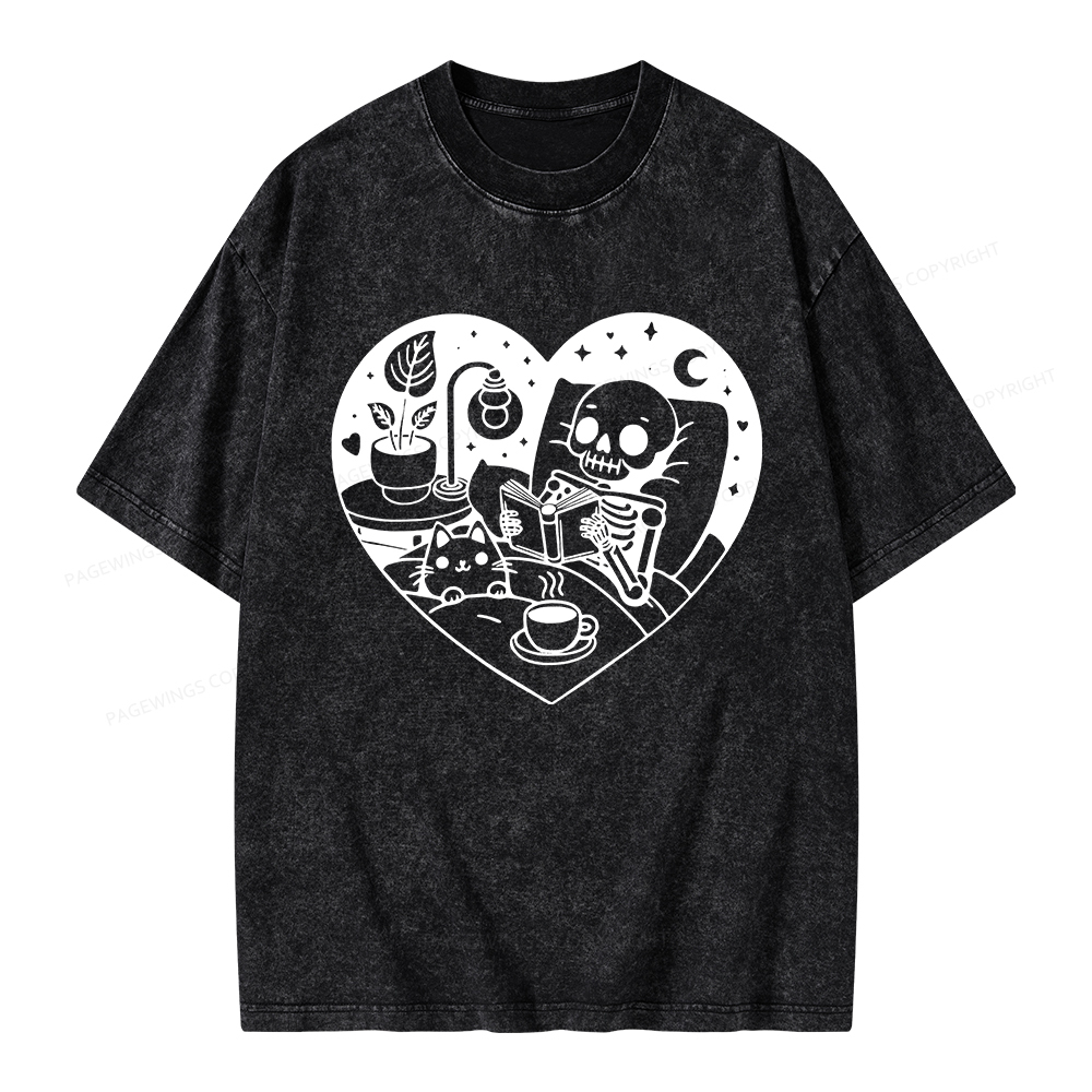 Pagewings Reading Skeleton and Cat Unisex Washed T-shirt