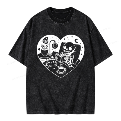 Pagewings Reading Skeleton and Cat Unisex Washed T-shirt