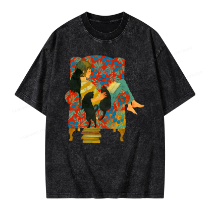 Pagewing A girl reading a book on the sofa Unisex Washed T-shirt