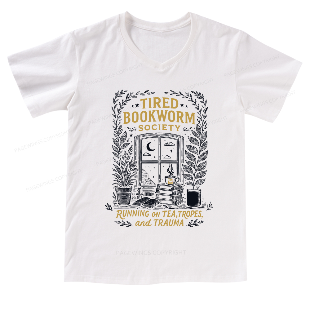 Pagewings Tired Bookworm Society V-neck T-shirt