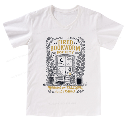 Pagewings Tired Bookworm Society V-neck T-shirt