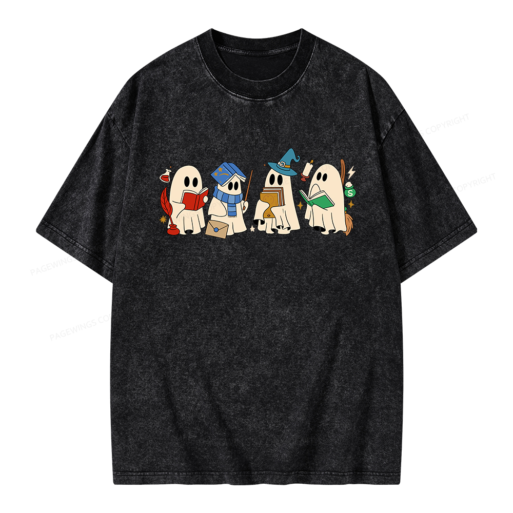 Pagewings Halloween Ghosts Reading Book Unisex Washed T-shirt