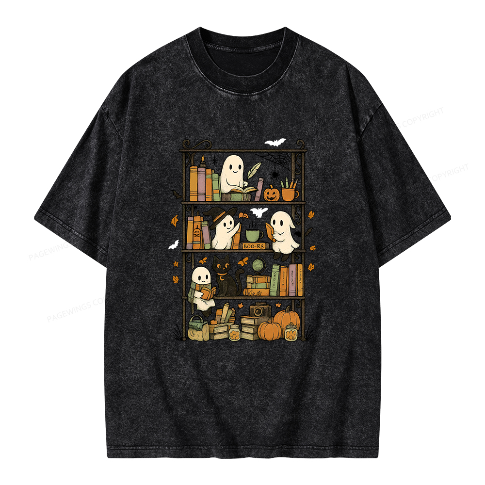 Pagewings Retro Halloween Bookshelf Unisex Washed T-shirt
