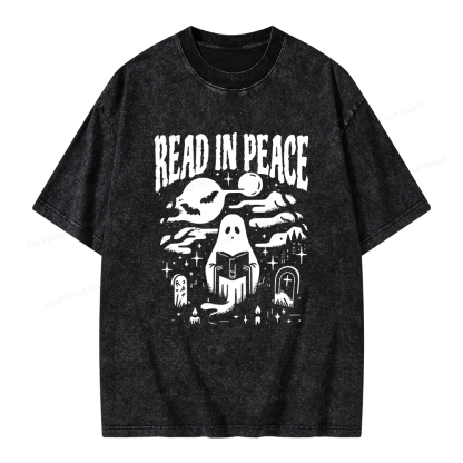 Pagewings  Halloween Read In Peace Ghost Reading Unisex Washed T-shirt