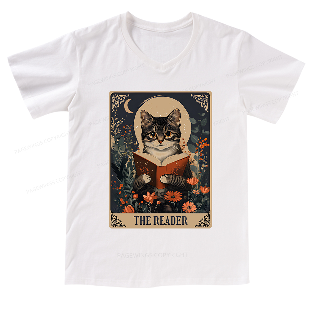 Pagewings The Reader Tarot Card Cat V-neck T-shirt