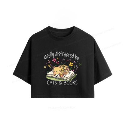 Pagewings Easily Distracted By Cats And Books Women Crop Tops