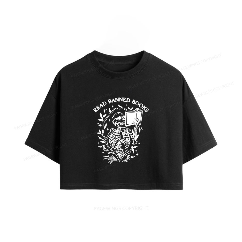 Pagewings Read Banned Books Skeleton Halloween Women Crop Tops