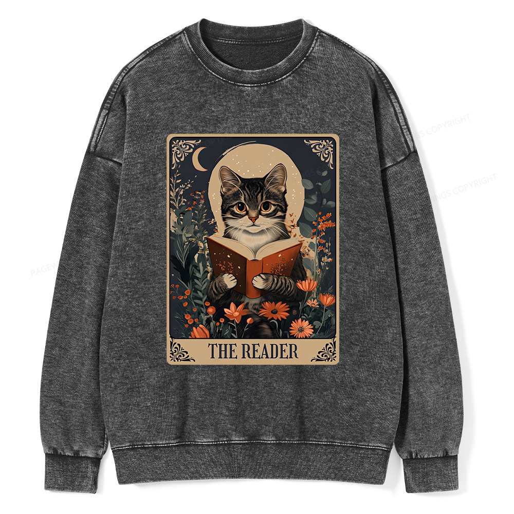 Pagewings The Reader Tarot Card Cat Unisex Washed Sweatshirt