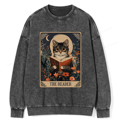 Pagewings The Reader Tarot Card Cat Unisex Washed Sweatshirt