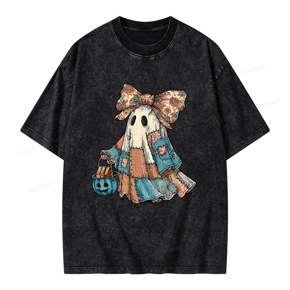 Pagewings Halloween Patchwork Spooky Ghost Buy Books Unisex Washed T-shirt