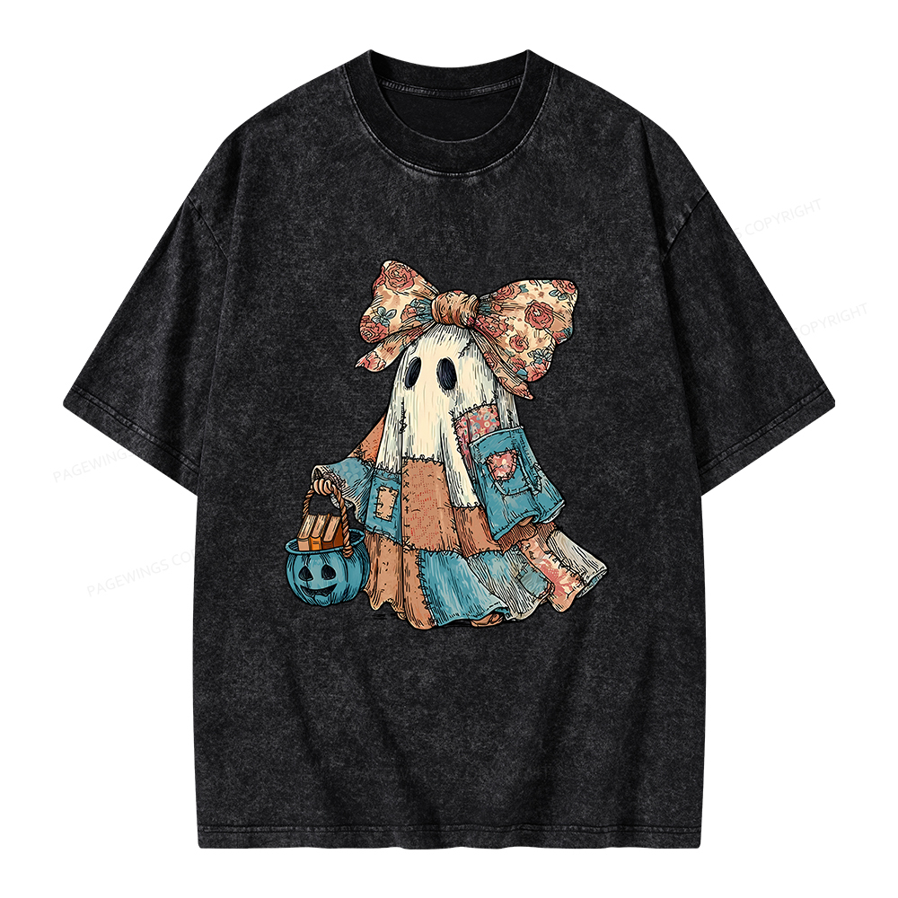 Pagewings Halloween Patchwork Spooky Ghost Buy Books Unisex Washed T-shirt