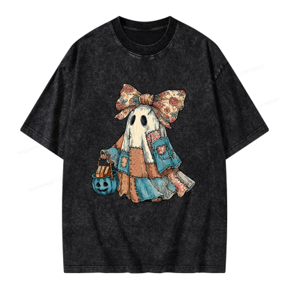 Pagewings Halloween Patchwork Spooky Ghost Buy Books Unisex Washed T-shirt