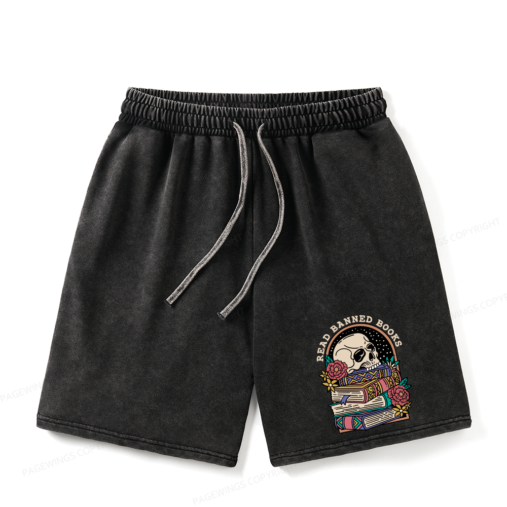 Pagewings Read Banned Book Floral  Unisex Washed Shorts