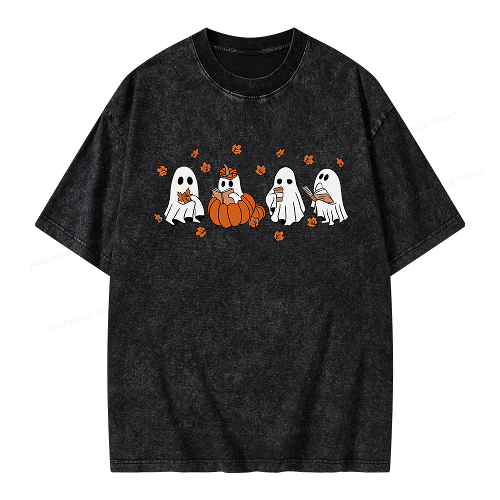 Pagewings Halloween Fall Ghost Reading Books Unisex Washed T-shirt