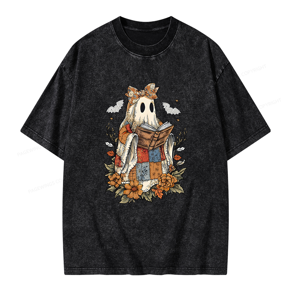 Pagewings Patchwork Ghost Reading Books Unisex Washed T-shirt