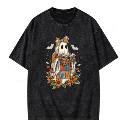 Pagewings Patchwork Ghost Reading Books Unisex Washed T-shirt