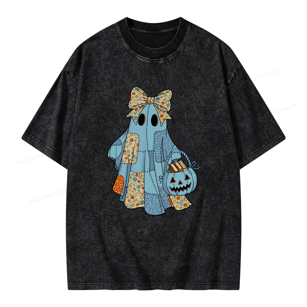 Pagewings Halloween Patchwork Spooky Ghost Reading Books Unisex Washed T-shirt