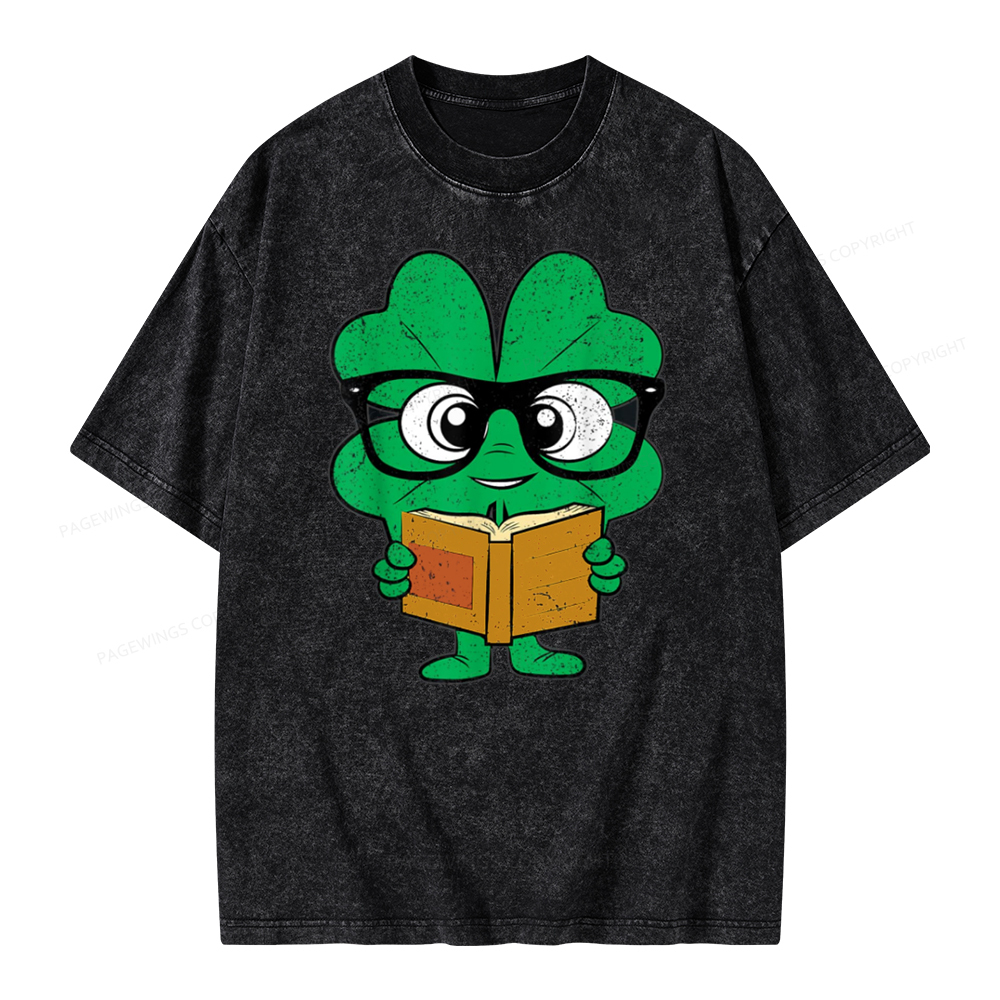 Pagewing Shamrock Reading Books St Patricks Day Unisex Washed T-shirt
