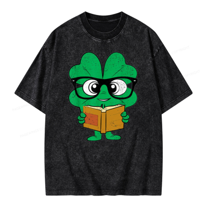 Pagewing Shamrock Reading Books St Patricks Day Unisex Washed T-shirt