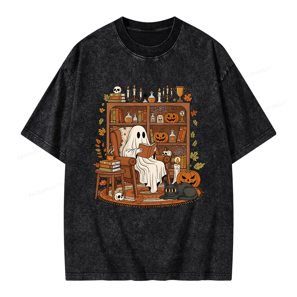 Pagewings Cozy Ghost Reading Halloween Unisex Washed T-shirt