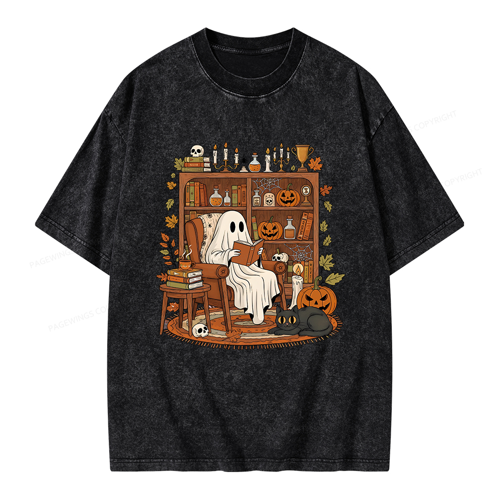 Pagewings Cozy Ghost Reading Halloween Unisex Washed T-shirt