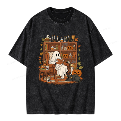 Pagewings Cozy Ghost Reading Halloween Unisex Washed T-shirt