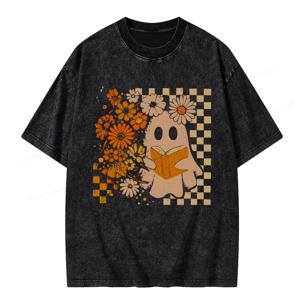 Pagewings Halloween Floral Ghost Unisex Washed T-shirt