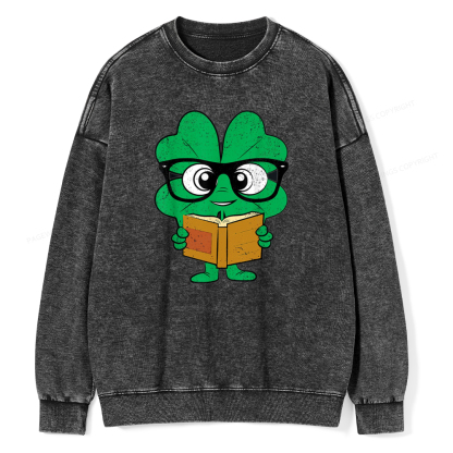 Pagewing Shamrock Reading Books St Patricks Day Unisex Washed Sweatshirt