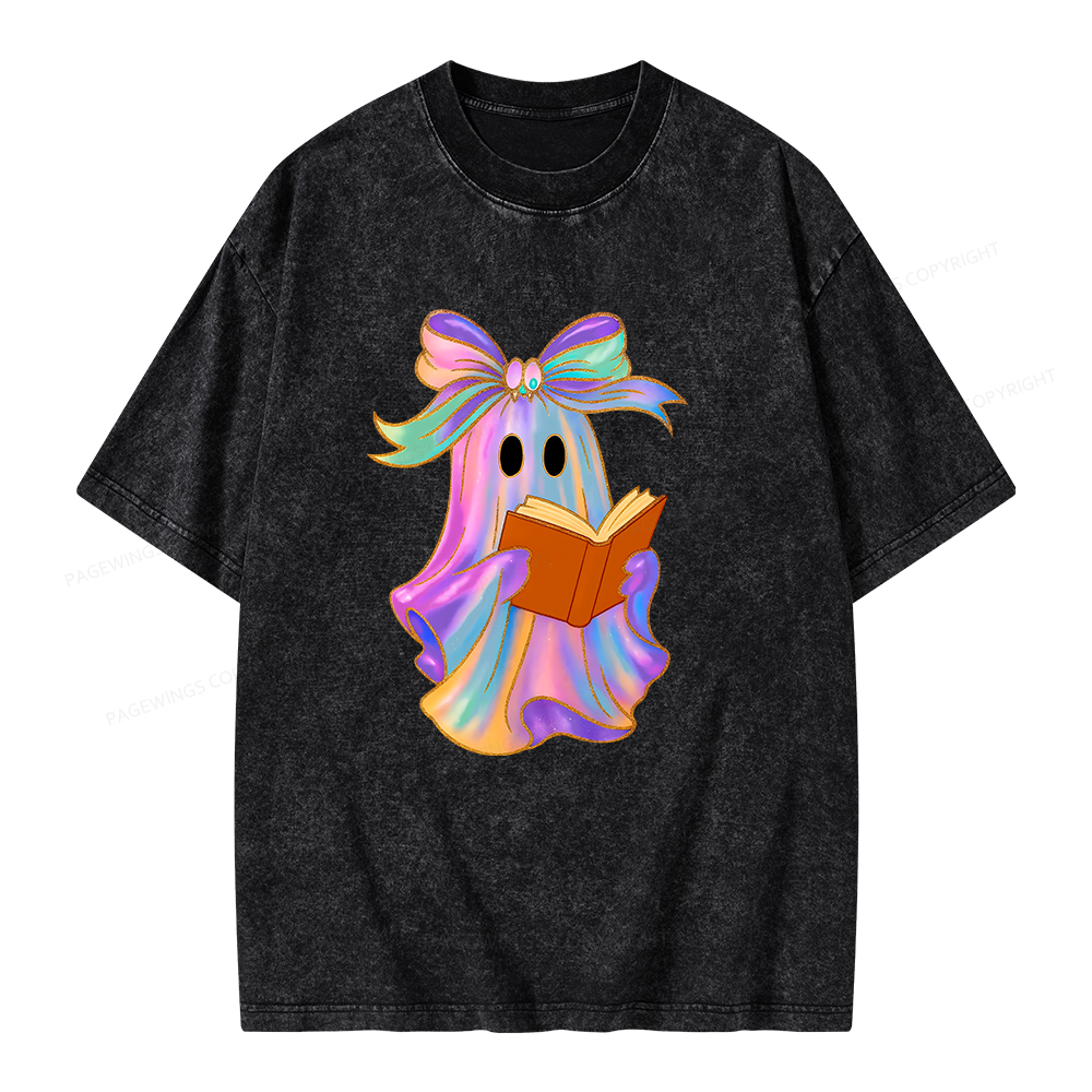 Pagewings Ghost Reading Halloween Unisex Washed T-shirt