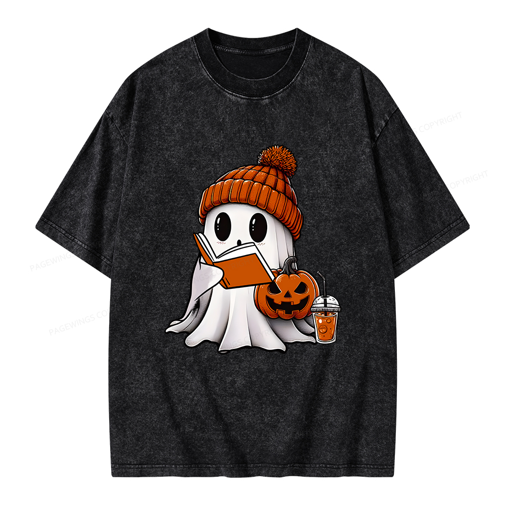 Pagewings Halloween Ghost Book Lover Unisex Washed T-shirt