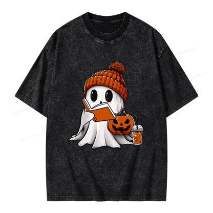 Pagewings Halloween Ghost Book Lover Unisex Washed T-shirt