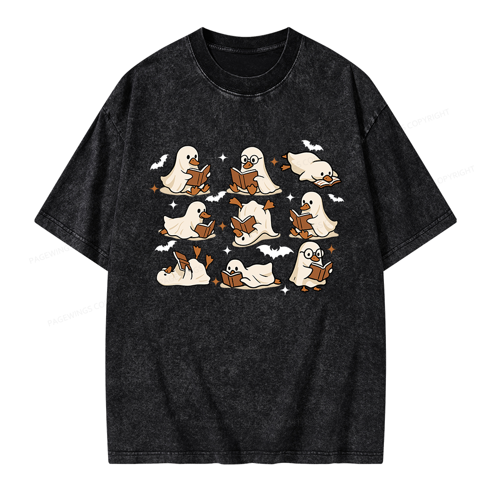 Pagewings Ghost Duck Reading Books Unisex Washed T-shirt