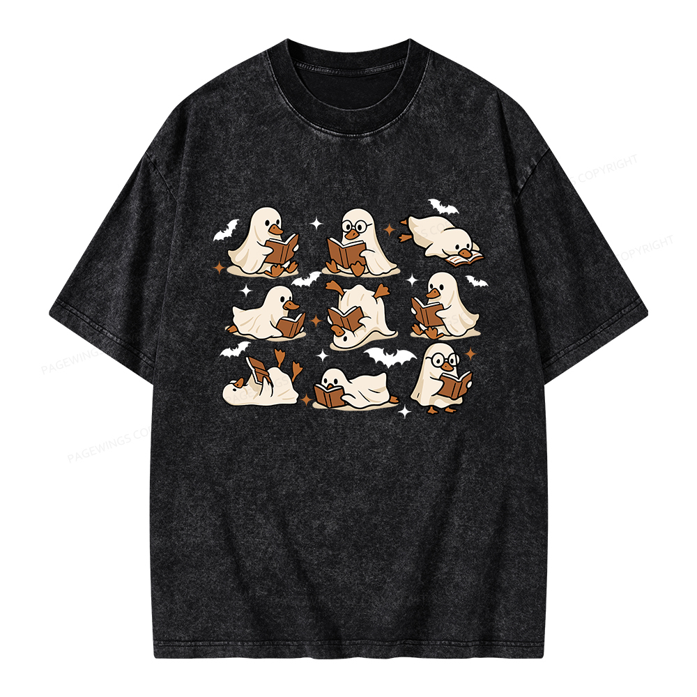 Pagewings Ghost Duck Reading Books Unisex Washed T-shirt