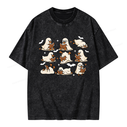 Pagewings Ghost Duck Reading Books Unisex Washed T-shirt