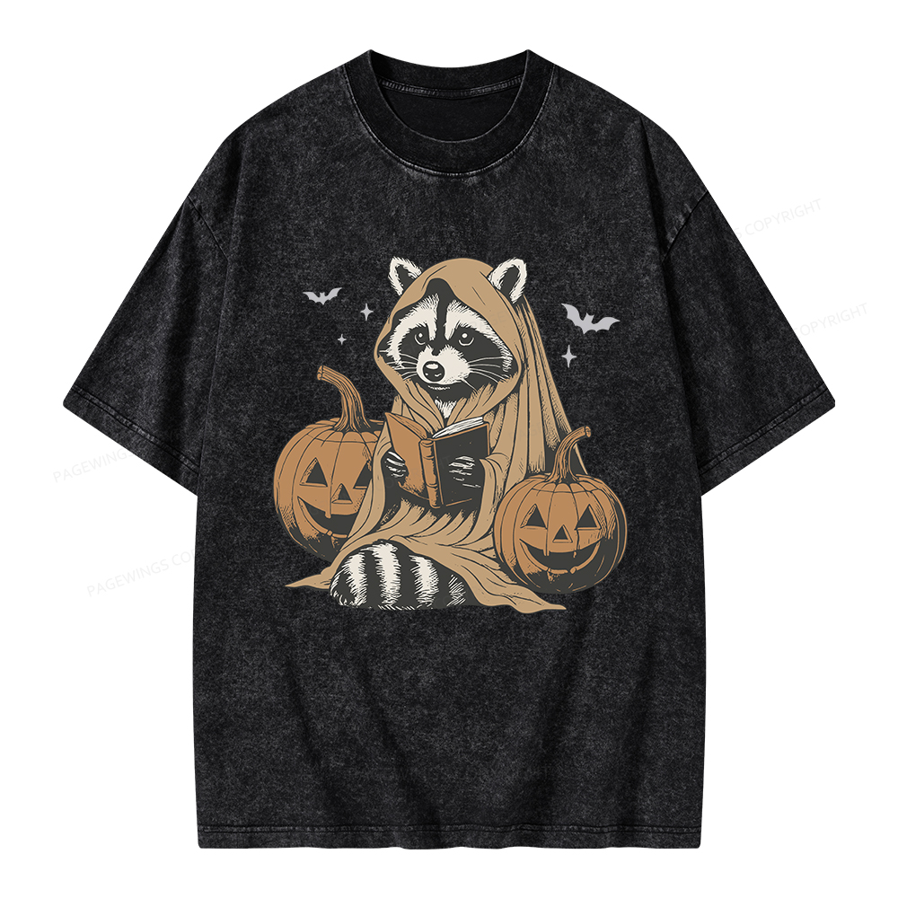Pagewings Halloween Cute Raccoon Ghost Reading Unisex Washed T-shirt